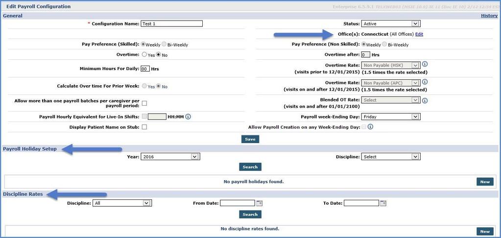 To setup a new payroll configuration, navigate to Admin > Payroll Setup and click on [New].
