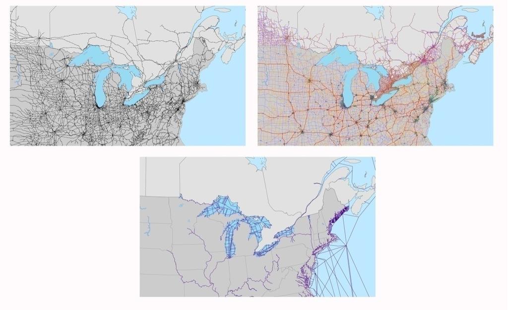 Figure 9 - The U.S. road, rail, and marine shipping networks based on NTAD data, clockwise from top left. Source: (Winebrake, et al., 2008b). Created by Mr. Chris Prokop.