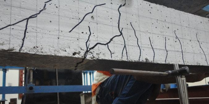 failure near the supports, 8(e) shear failure near the supports with CFRP delamination, and 8(f) concrete crushing and concrete cover separation.