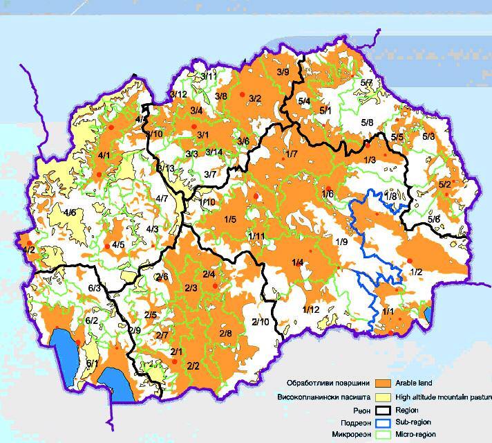 Figure 4: Disposition of arable land, pastures and relevant regions, sub-regoins and micro
