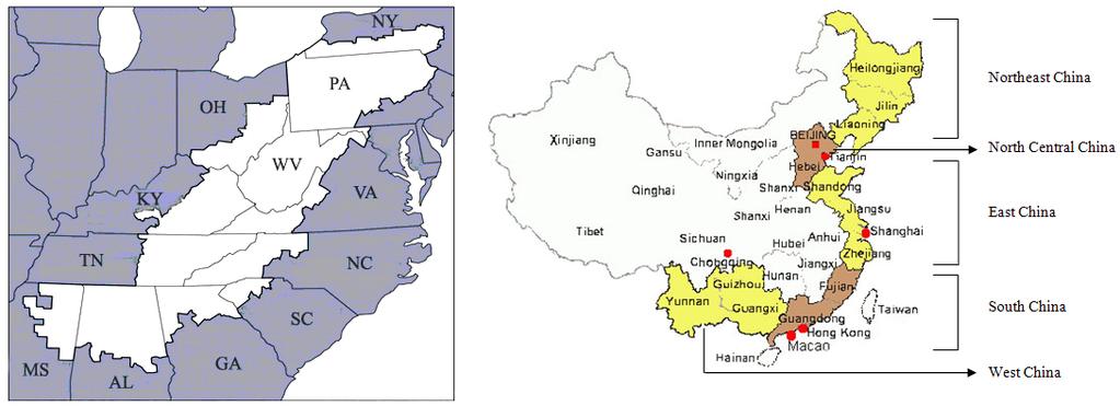 (a) (b) Figure 1: Study area: (a) Appalachian region, U.S. and (b) China. Of the 50 Chinese firms surveyed, 48 questionnaires were returned, a response rate of 96 percent.