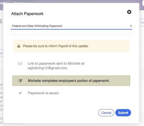 Updating Paperwork In order to update paperwork electronically (i.e., tax withholding forms and fillable forms), click Add Paperwork from the Paperwork tab.