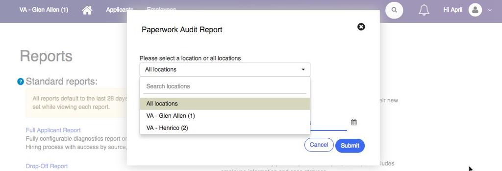 Once you click Paperwork Audit Report, a modal will appear asking you select a location or all locations from the dropdown.