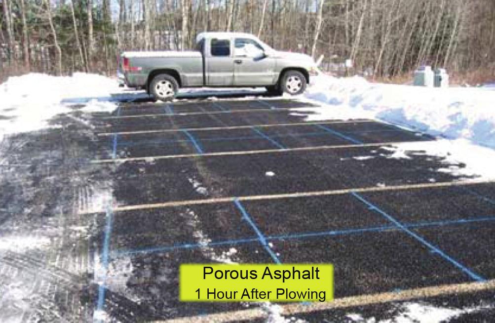 While both conventional pavement and porous asphalt need to be plowed, the use of sand and salt for deicing and traction varies significantly between the two types of pavement.