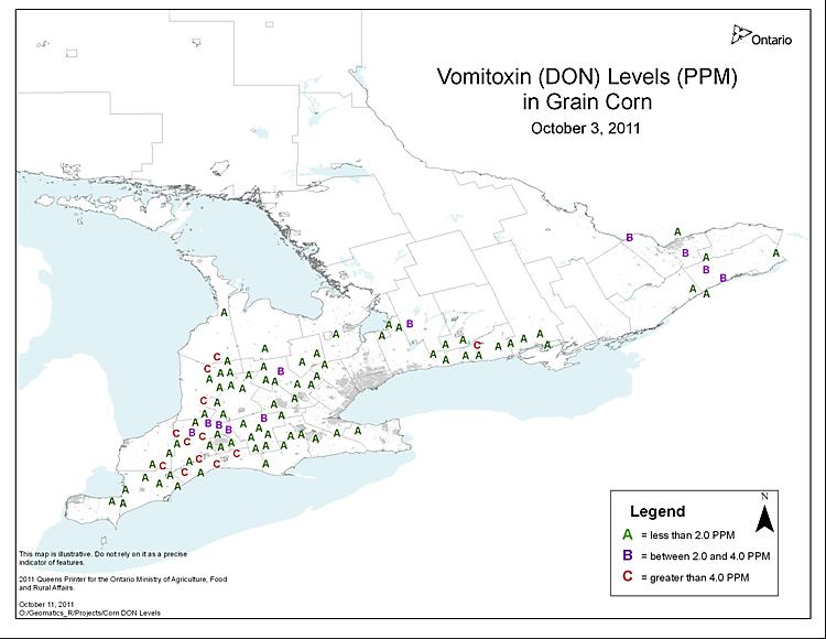 Mycotoxins in Ontario Southern Ontario and NY State have the most severe and frequent DON problems in North America, levels decrease as you move West Mycotoxin