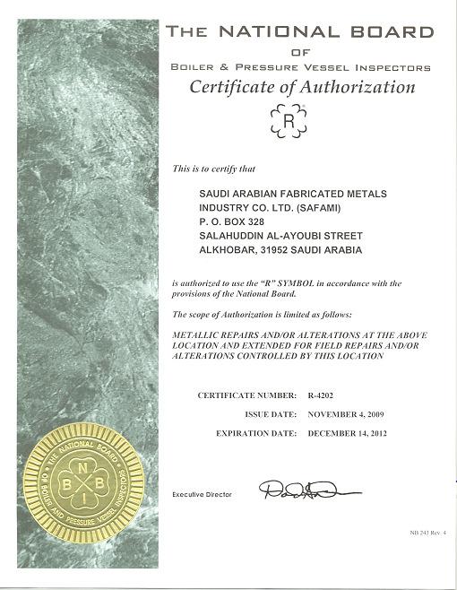 Product Certification We are also authorized by the National Board of Boiler & Pressure Vessel Inspectors for repairs and alterations in