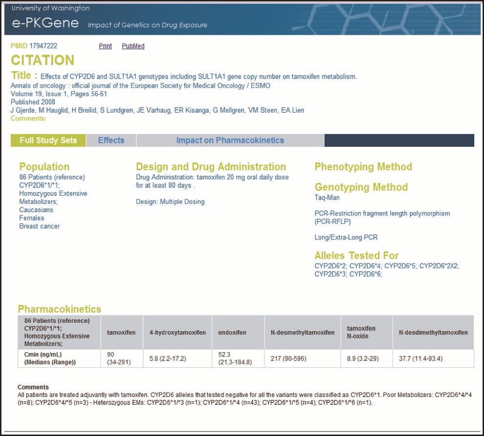 A knowledge-based research tool for analysing the impact of genetics on drug exposure GENOME DATABASES Figure 7. Sample full study set screen for PMID 17947222. Display from e-pkgene (http://www.