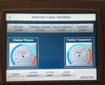 Turning on/ off the autoclaves 4.1. Procedure to turn on and Off the Atherton cyber Autoclave in S226 Turn on the power switch on the wall behind the autoclave.