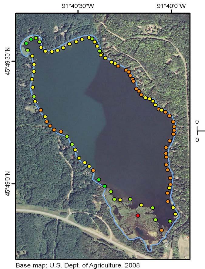 Lake Conductivity Survey High conductivity indicates more minerals and salts in the water East shore and spring hole have the highest values Sources of minerals and salts Groundwater flow through