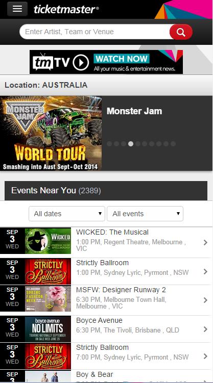 the top and bottom of the page Ticketmaster.com.au & Ticketmaster.