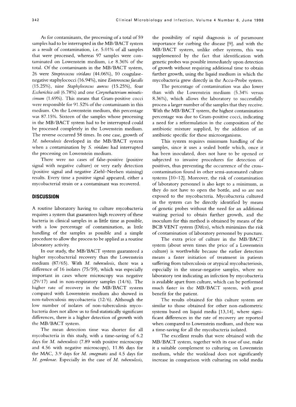 342 Clinical Microbiology and Infection, Volume 4 Number 6, June 1998 As for contaminants, the processing of a total of 59 samples had to be interrupted in the MB/BACT system as a result of