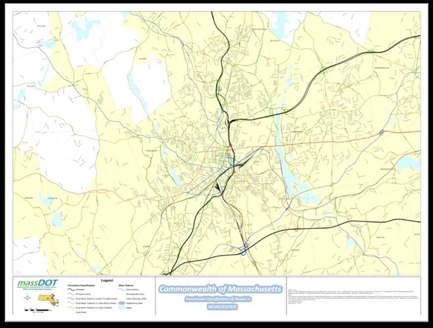 Figure 3-7: Worcester, MA Roadway System Shaded area depicts the Urbanized Area 1. The city of Worcester is served by two interstate routes, Interstate 190 and Interstate 290 (shown in black).