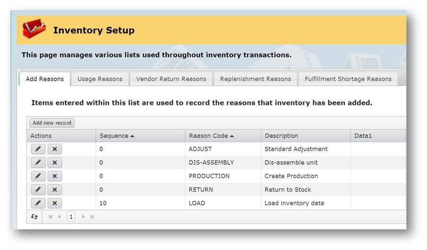 Inventory Setup Reason Code set up is located here. You can create a list of Reason Codes for Add Adjustment, Remove (Usage) Adjustment, Vendor Returns, Replenishment, and Fulfillment Shortage.