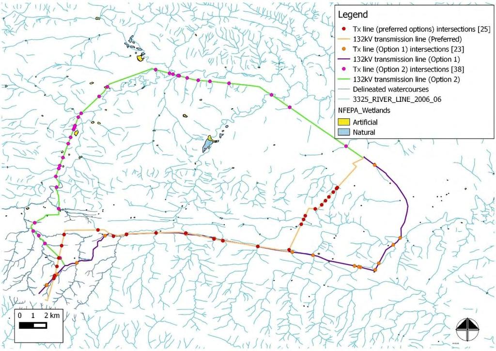 SRK Consulting: 478867:Inyanda - Roodeplaat WEF: Draft EIR Page 151 Figure 5-6: The proposed transmission line alternatives, together with the water course intersections for each option (Source: