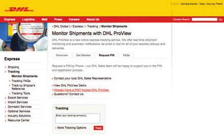 Request PIN Tab Step 1B: As part of the registration process, you will need to add your DHL shipping accounts. To do this, you ll need a DHL-generated PIN for each account.