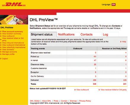 AddING dhl ShIPPING AccoUNtS Shipment Status View Step 2: Once you receive your PIN, log in and select Manage Accounts from the yellow navigation