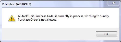 16 If user is not authorised to create New Stock Units the following message will display Clicking OK will return the user to the Purchase Order Entry window.