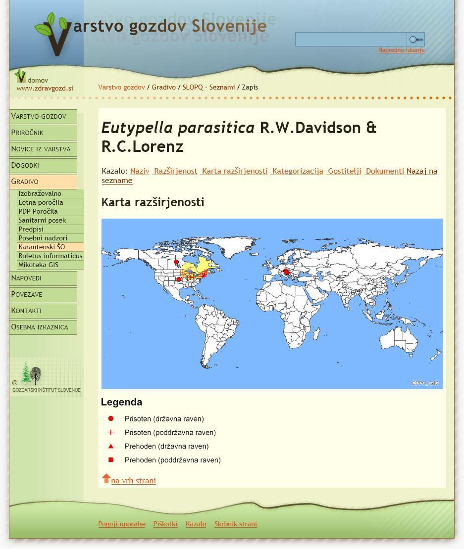 Slika 1: Primer karte razširjenosti javorovega raka s spletne aplikacije SLOPQ Karantenski škodljivi organizmi za gozd (Ogris, 2014a): http://www.zdravgozd.si/karantena.aspx 2.