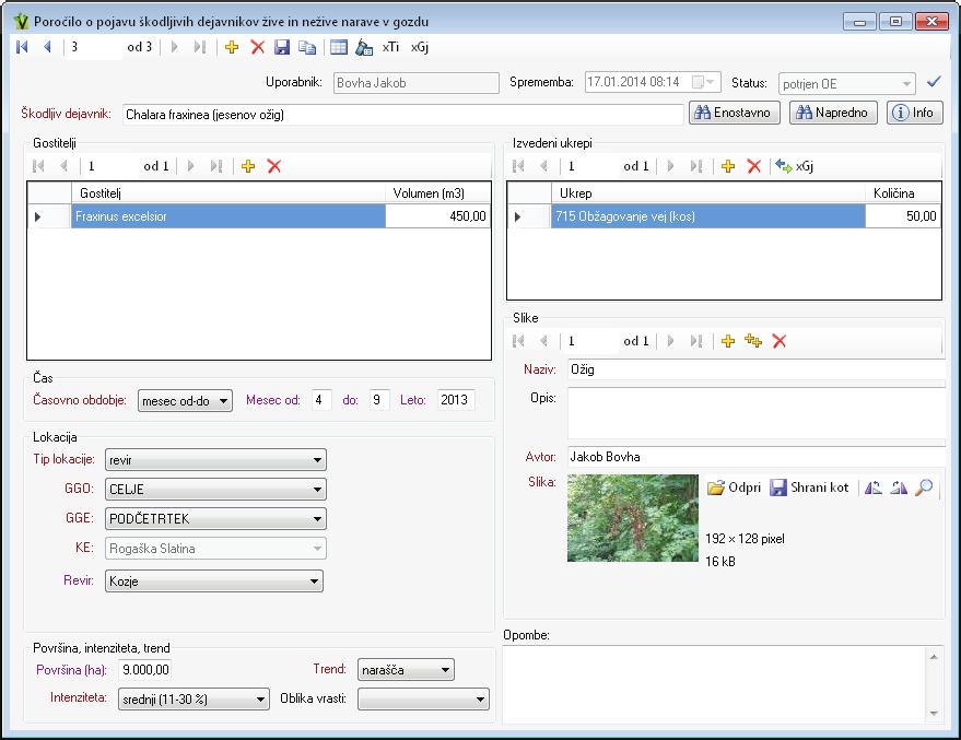 Slika 2: Obrazec v računalniškem programu VG za spremljanje škodljivih dejavnikov v gozdu (Ogris, 2012a) 3. Rezultati V računalniškem programu VG je bilo od 22. 3. 2013 do 28. 12.