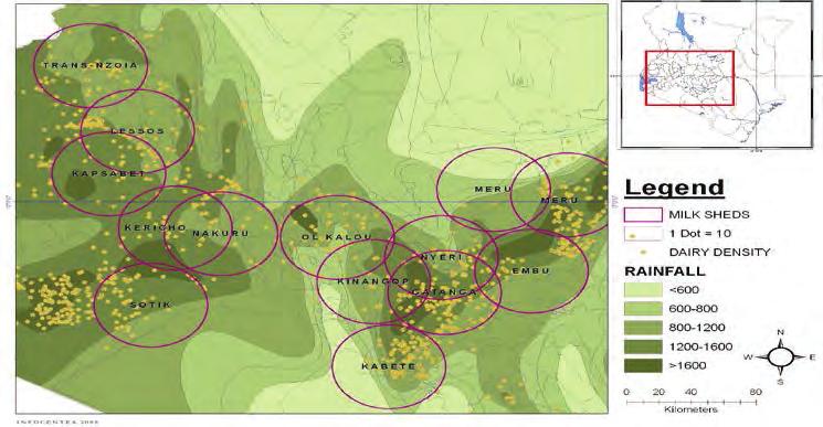 Figure 2: Rainfall and Cattle Density in the Selected Milksheds Assessment Parameters Area and number of villages and distribution of villages by human population size groups Derivative: density of