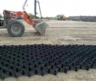 With permeable infill (topsoil/vegetation, aggregate, sand) perforated GEOWEB cell walls offer environmental beneftis: water infiltration
