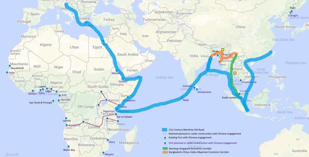 Figure 3: Maritime Silk Road The ports in the Bay of Bengal provide an alternative for the current shipping route from the Middle East through the Strait of Malacca to China.