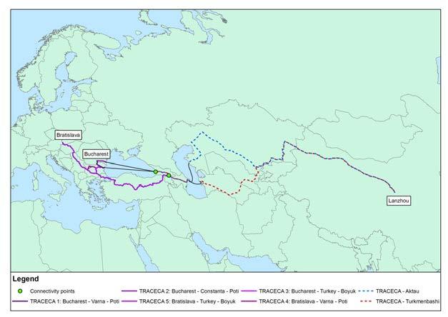 Routes to China via TRACECA Assessment of two rail routes: 1) TRACECA PRC via Turkmenbashi Poti Boyuk Kasik Baku Turkmenbashi Chardzou Khodza Davlet Tashkent
