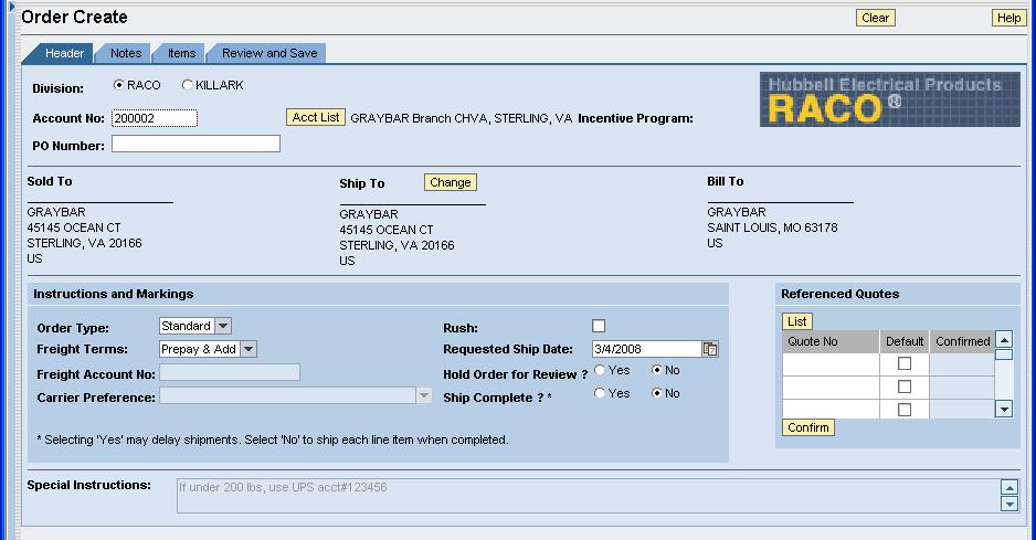 Create Orders Order Create Screen The Order Create application supports creation of sales orders. Steps to create a sales order (* are required) * Enter Header tab information (See below).