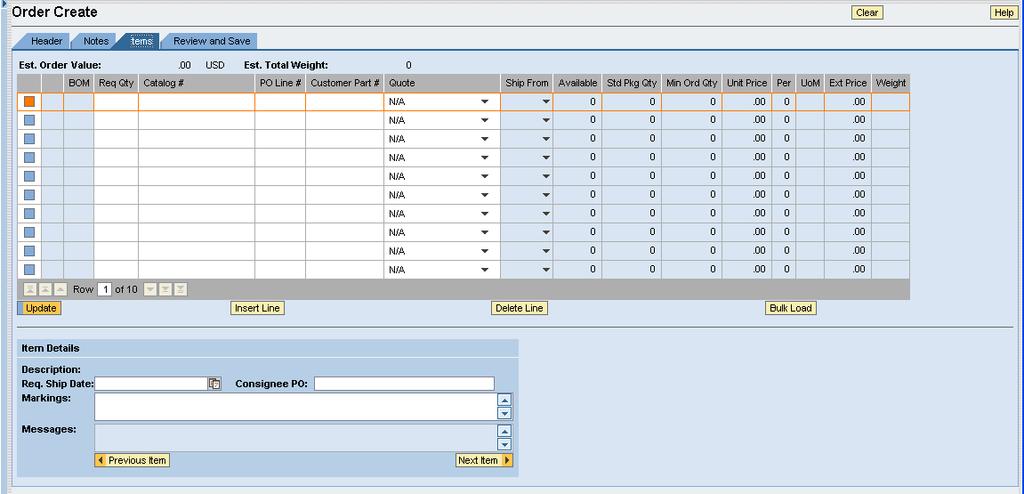 Items Tab This tab supports input, modification, deletion, or import of sales order line items.