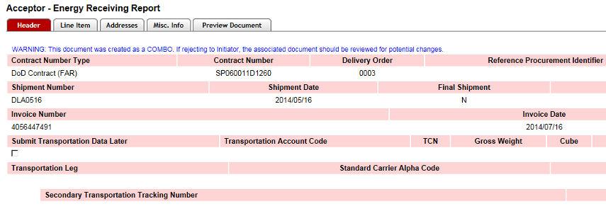 Energy Receiving Reports Header Tab Step 1: Pay close attention to the Shipment Date entered
