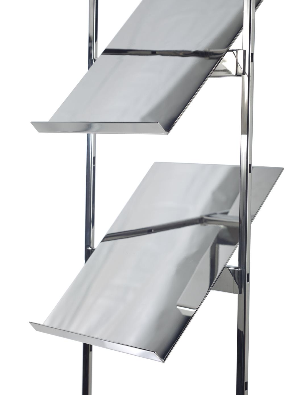 Angled Shelves Angled Shelves are perfect for displaying shirts, printed items, sweaters, or shoes. They are available in polished stainless steel, acrylic, or wood.