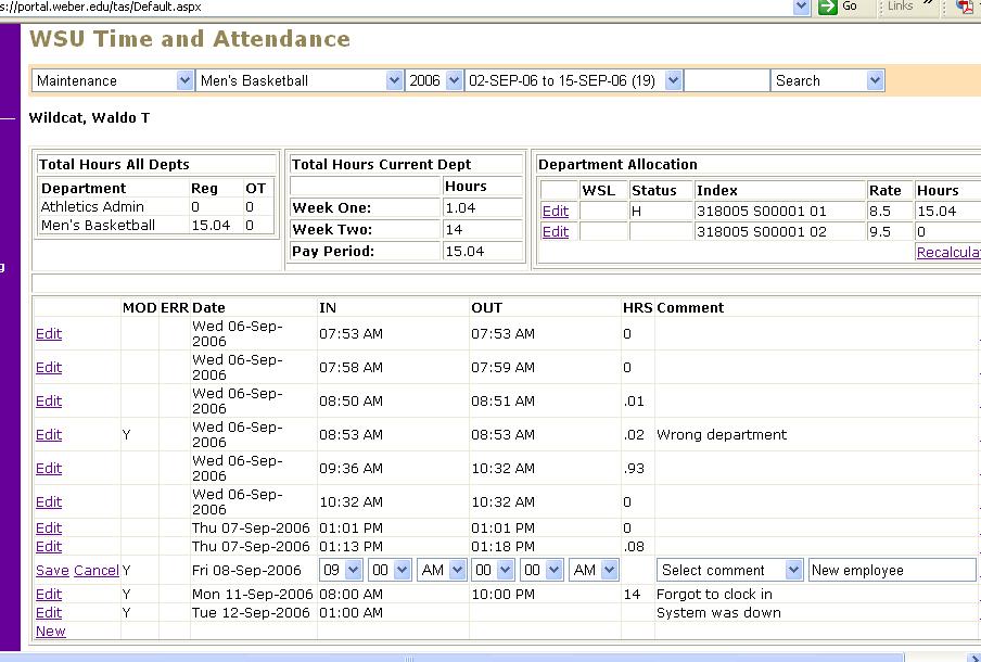 Editing: Correcting an Employee s Time To edit an employee s punch, click Edit on the left side of the screen.