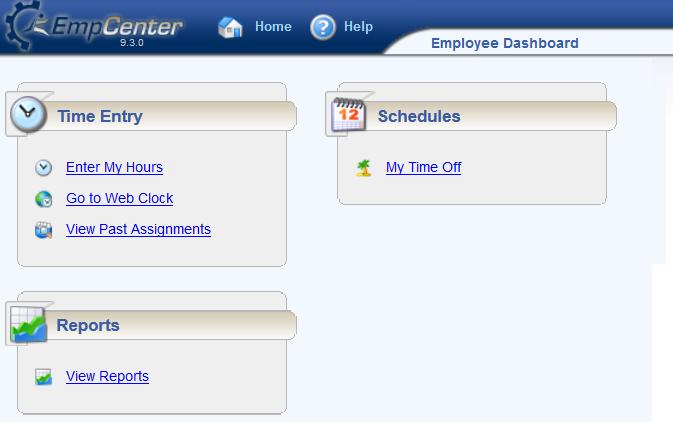 From the Dashboard you can access time entry, time off requests, and report options.