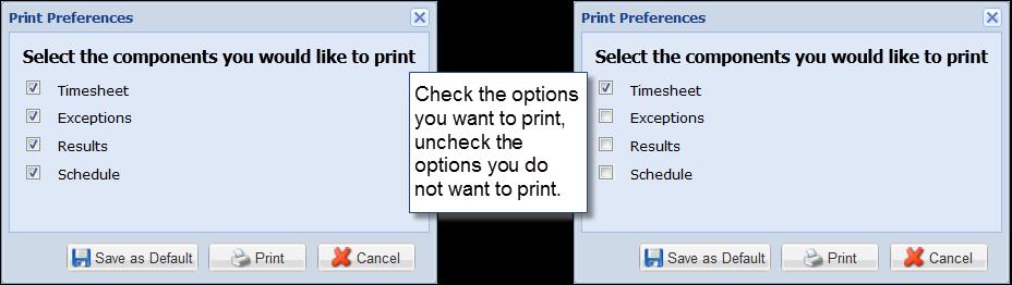 In the Print Preferences window, select the options you would like to print: 3.