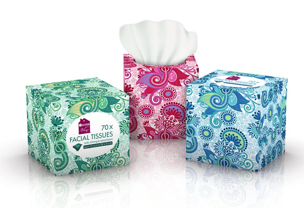 Facial tissues 70x 3ply Material: 100% virgin, FSC certified tissue, soft, strong & absorbent Box of 70 single 3-ply sheets with top opening and easy open perforation MEASUREMENTS: (L X W X H) CM (L
