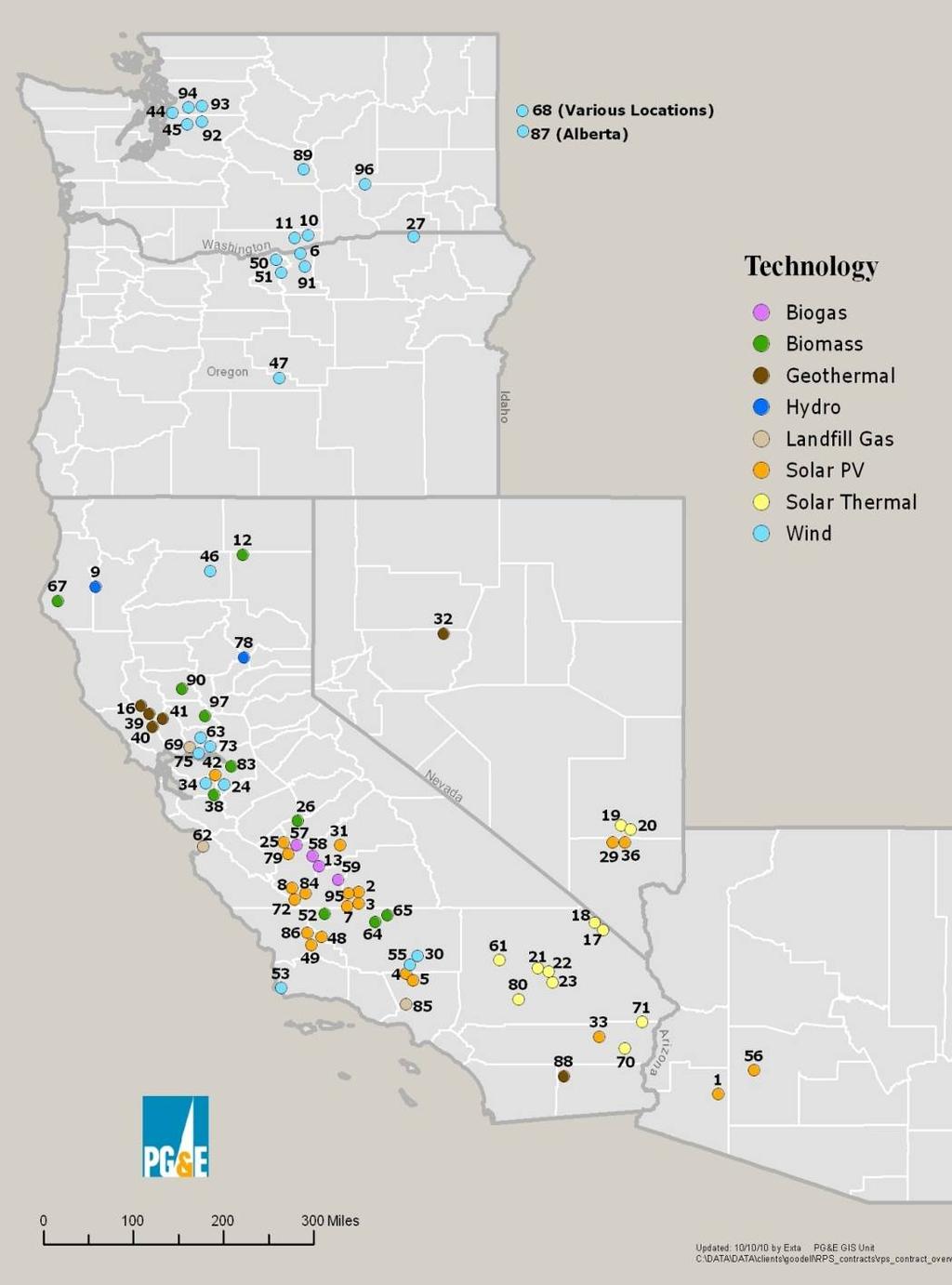 PG&E maintains a a diverse mix % of MW contracted Small Hydro 1% 8% Geothermal Solar Thermal 31% Wind 32% Solar PV 25% 3% Bioenergy (Map content as of 10/15/2010; other material as of