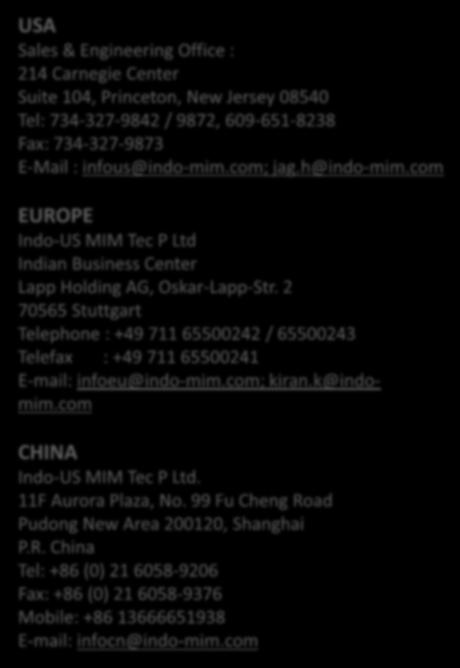 Contact Details INDIA Headquarters & MIM Operations: Plant 1 No 45,(P) KIADB Industrial Area, Hoskote, Bangalore 562 114.