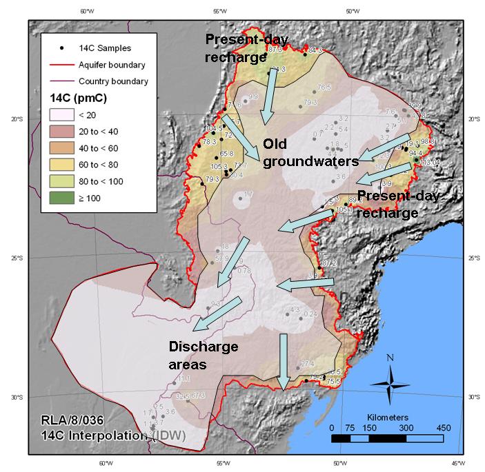 Groundwater types in the Guarani aquifer Distribution of carbon-14 activities