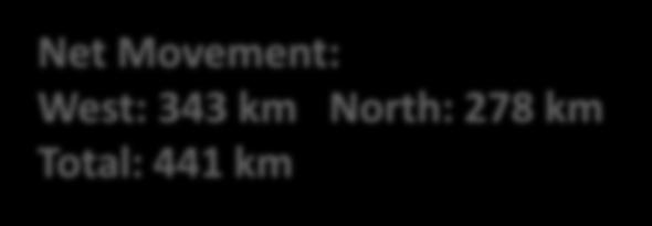 343 km North: 278 km Total: 441