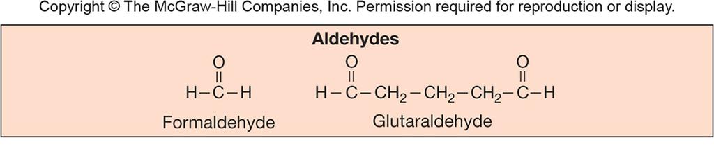 Aldehydes Commonly used agents are formaldehyde and glutaraldehyde Highly reactive molecules