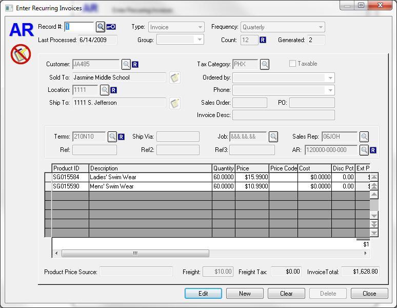 Enter Recurring Invoices When the Enter/Edit Recurring Invoices button is selected, the Enter Recurring Invoices dialog box displays.