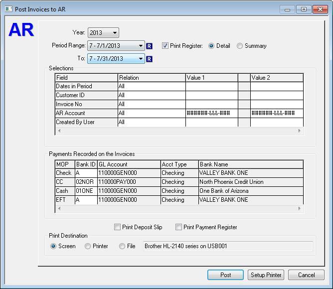 Process Post Invoices to AR Select Invoices... from the Post to AR submenu to access the Post Invoices to AR dialog box.