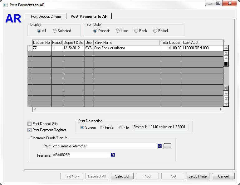 Process Post Payments to AR - Post Payments to AR Tab The Post Payments to AR tab displays the results of the filter apply on the Post Deposit Criteria tab.