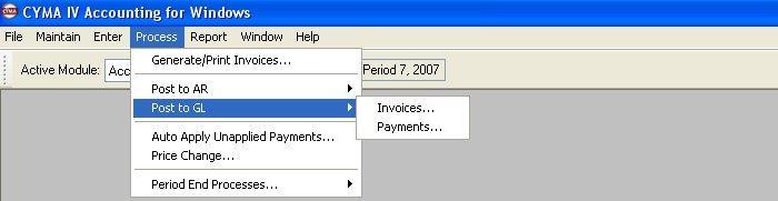 Process Post to GL Submenu The Post to GL submenu contains the operations for posting Invoices or payments to the General Ledger.