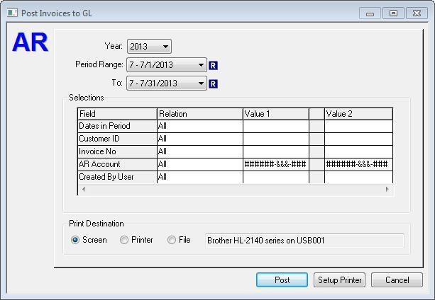 Post Invoices to GL This process can be accessed by selecting Process - Post to GL - Invoices from the menu bar.