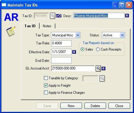 Maintain Tax IDs The Maintain Tax IDS... dialog box can be accessed by selecting Tax IDs... from the Tax Information... submenu on the Maintain menu bar. Each tax entity is assigned a unique ID.