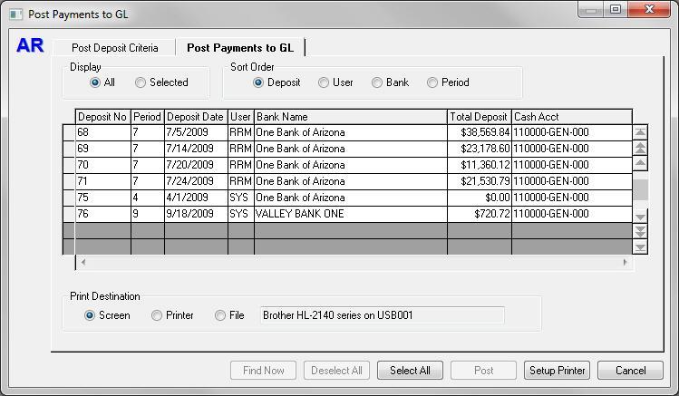 Process Post Payments to GL - Post Payments to GL Tab The Post Payments to GL tab displays the results of the filter apply on the Post Deposit Criteria tab.