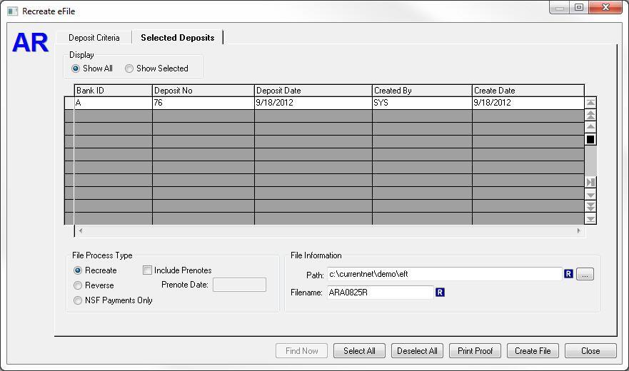 Process Electronic Funds Transfer Recreate Efile - Selected Deposits tab The Selected Deposits tab allows you to select the deposits that should be included in the new file.