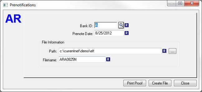 Process Electronic Funds Transfer - Prenotifications When Prenotifications... is selected from the Electronic File Transfer submenu on the Process Menu the Prenotifications dialog displays.