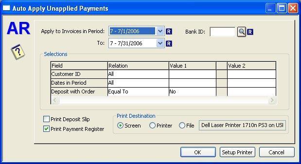 Process Auto Apply Unapplied Payments When Auto Apply Unapplied Payments... is selected from the Process Menu the Auto Apply Unapplied Payments dialog box is displayed.